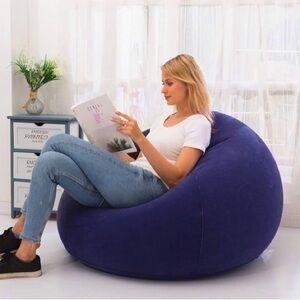 Blue Inflatable Bean Bag Chair Sofa Lounger Couch Foldable Camping With Pump